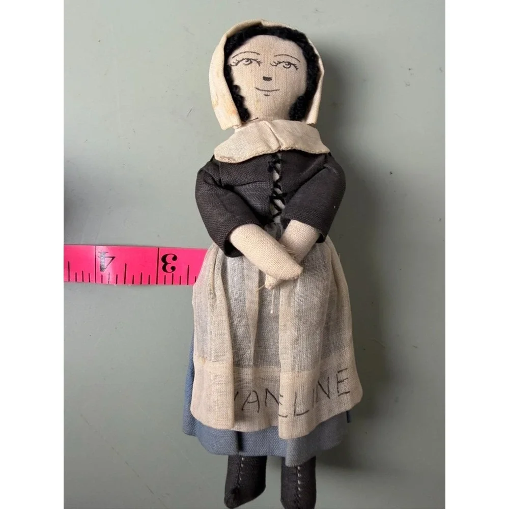 Vintage Handmade Cloth Folk Art Doll Evangeline Embroidered Prairie‎ Dress 15